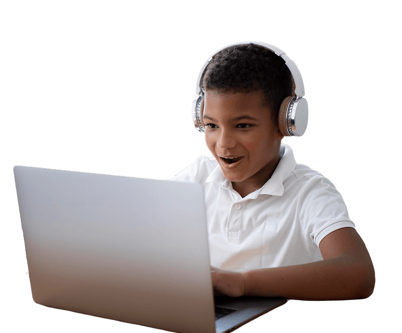 Student using Learnyx with headphones and laptop